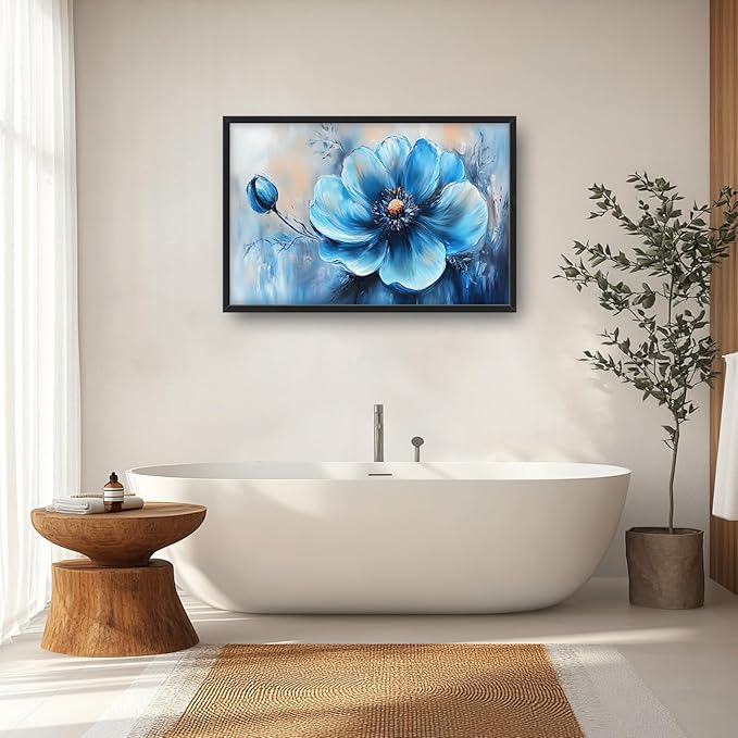 Extra Large Abstract Blue Flower Framed Wall Art for Living Room,Oversized Elegant Floral Pictures Wall Decor,Canvas Print Painting Modern Artwork Bedroom Office Bathroom 36L" x 24W"-PawvioPets