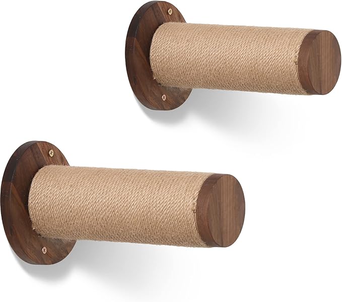 FUKUMARU Cat Wall Furniture, 11.8 Inch Cats Shelves for Drywall, Walnut Wood Kitten Stairs for Wall Mounted with Jute Scratching Kittens Steps, 2 of Pack-PawvioPets