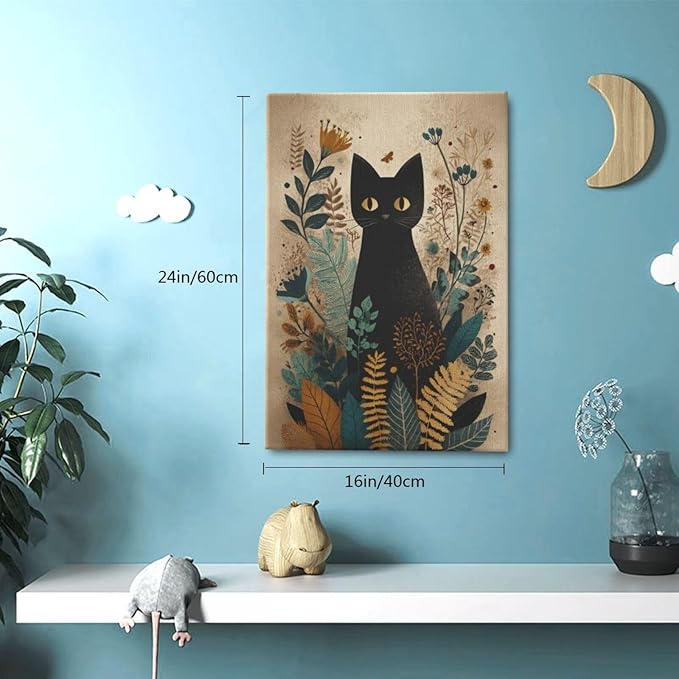 Boho Black Cat Wall Art Kitten Botanical Wall Decor Mid Century Modern Canvas Painting Print Minimalist Pictures Artwork Framed Decorations Gifts for Cat Lover Bathroom Nursery Living Room Bedroom Kitchen 16"x24"-PawvioPets