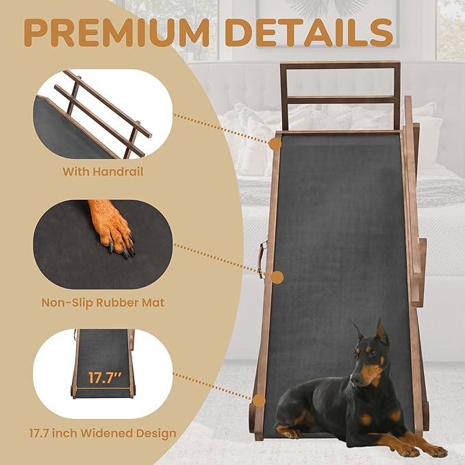 Dog Ramp for Bed, 5 Level Adjustable Dog Ramp for High Beds, Upgrade Rubber Mat High Traction Ramp with Safety Rails, Folding Pet Ramp for Bed, Couch,SUV, Natural Wood Pet Ramp for Small & Old Dogs-PawvioPets