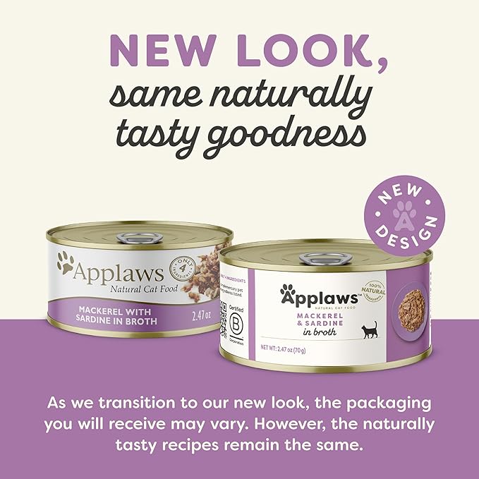 Applaws Natural Wet Cat Food in Broth, Limited Ingredient Canned Wet Cat Food, No Additives, Made with Natural Ingredients, Mackerel & Sardine in Broth (24 x 2.47oz Cans)-PawvioPets