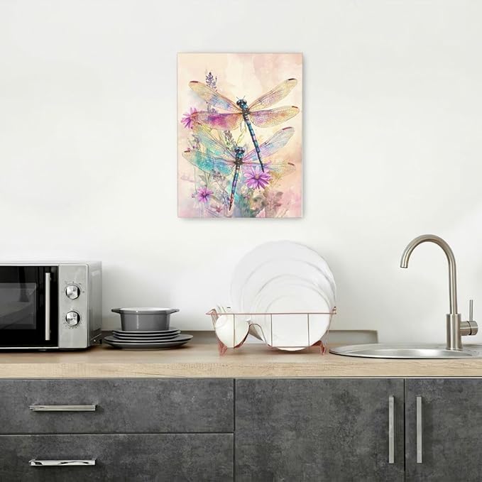 Dragonfly Bathroom Pictures Wall Art, Floral Bathroom Wall Decor, Framed Painting Canvas Artwork for Bedroom Living Room Decorations 16"L x 12"W-PawvioPets