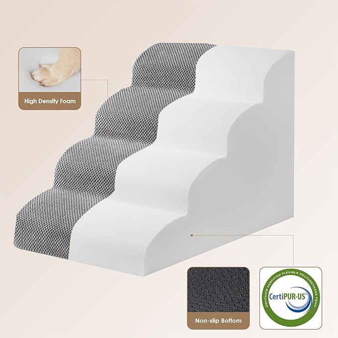 EHEYCIGA Curved Dog Stairs Ramp for High Beds 19.7" H, 4-Step Dog Steps for Small Dogs and Cats, Pet Stairs for High Bed Climbing, Non-Slip Balanced Pet Step Indoor, Grey-PawvioPets