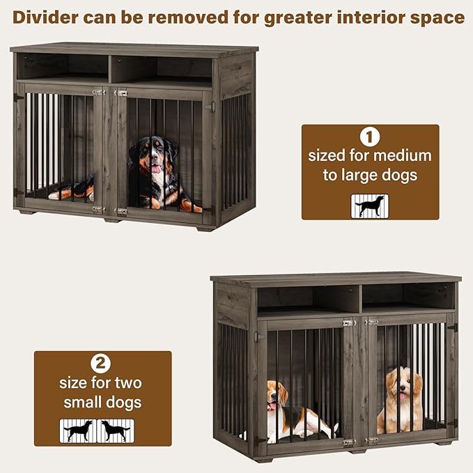 Furniture Dog Crate for 2 Dogs, 41 Inch Dog Kennel Furniture with Removable Divider and Shelf Storage, Wooden Dog Crate for Small/Medium Dogs, Grey-PawvioPets