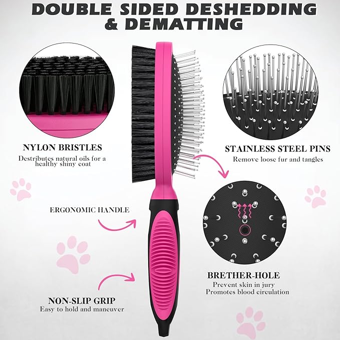 2PCS Pet Grooming Tools - Double-Sided Brush for Shedding and Bathing, Suitable for Short/Long Haired Dogs Cats and Horses, Deshedding Dog Brush, Mane & Tail Combs for Horses - Pet Supplies (Pink)-PawvioPets