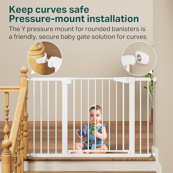 Cumbor 29.7-48" Baby Gate for Stairs, Mom's Choice Awards Winner-Dog Gates for Doorways, Auto Close Safety Pet Gate for Dogs Indoor, Easy Install Pressure Mounted Child Gate with Walk Thru Door, White-PawvioPets