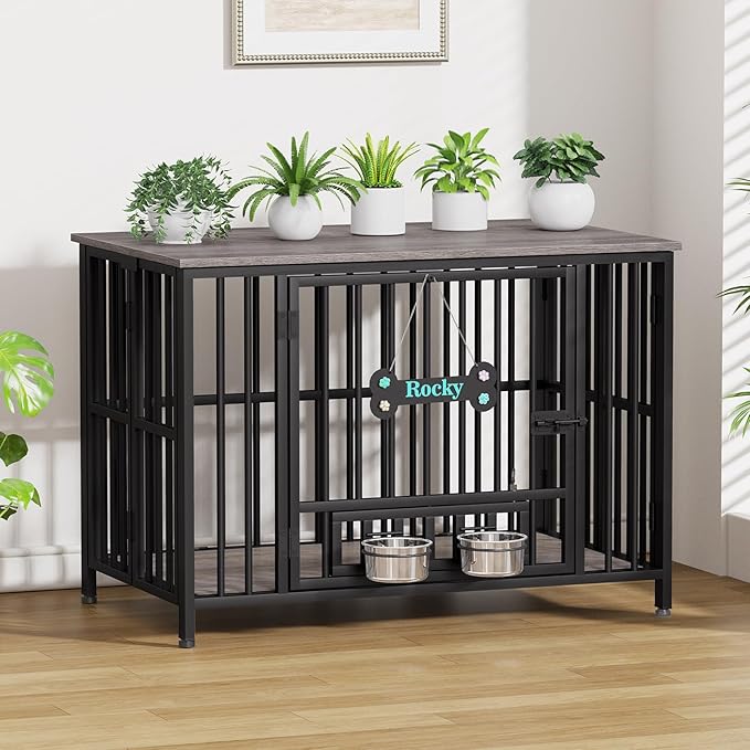 Easycom 41" Dog Crate Furniture Foldable, No Assembly Decorative Dog Kennel Indoor, Dog Crates for Large Dogs (40-65 lbs), Wooden Dog Cage with Adjustable Bowls and Name Tag, End Table, Oak Grey-PawvioPets