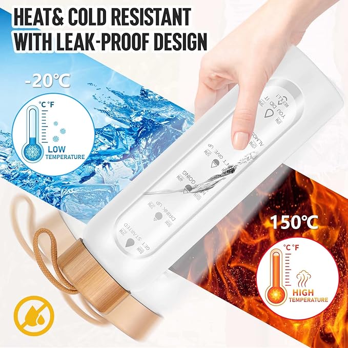 Aqulea Glass Water Bottles 32 Oz with Silicone Sleeve - BPA Free Reusable Wide Mouth Glass Motivational Water Bottles with Fruit Infuser – Leak Proof Borosilicate Water Bottle with Time Marker (White)-PawvioPets