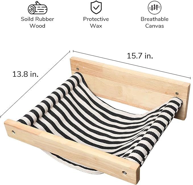 FUKUMARU Hammock Wall Mounted Cat Beds and Perches, Wooden Kitten Walls Furniture, Stable Cats Shelves for Sleeping, Playing, Climbing, and Lounging, Black Stripe-PawvioPets