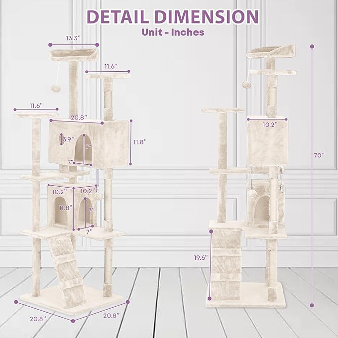 70 Inches Cat Tower for Indoor Cats Multi-Level Cat Condos XL Cat Tree Climbing Tower with Scratching Posts, Hanging Toys, Beige-PawvioPets