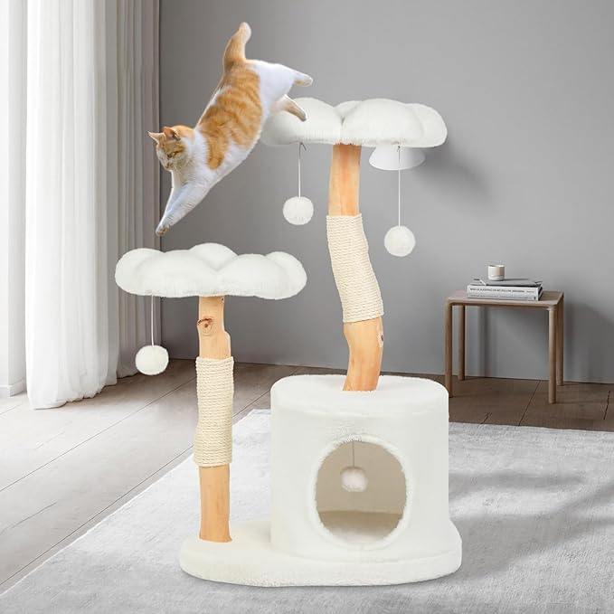 Cute Cat Tree Tower for Indoor Cats Adult, Wood Flower Cat Trees with 6 Pompoms, Modern Cat Tree Tower with Scratching Post, Aesthetic Luxury Cat Condo for Cats Kitten, Alpine White-PawvioPets
