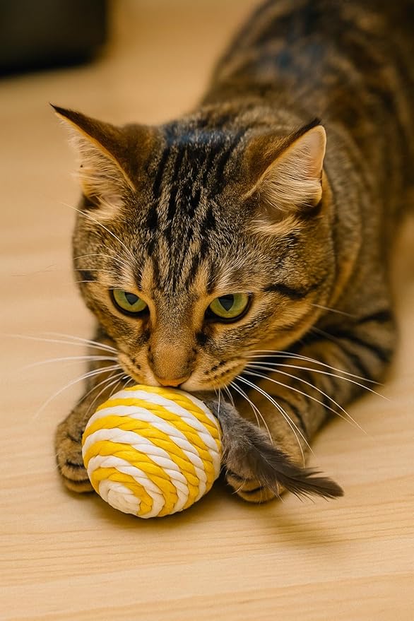 Ball for cat with Feathers - Balls for Cats – Natural Toy for Indoor Cats – Eco-Friendly, Durable, Interactive Play Balls for Kittens – Pet-Safe Chew & Scratch Toys (Yellow)-PawvioPets
