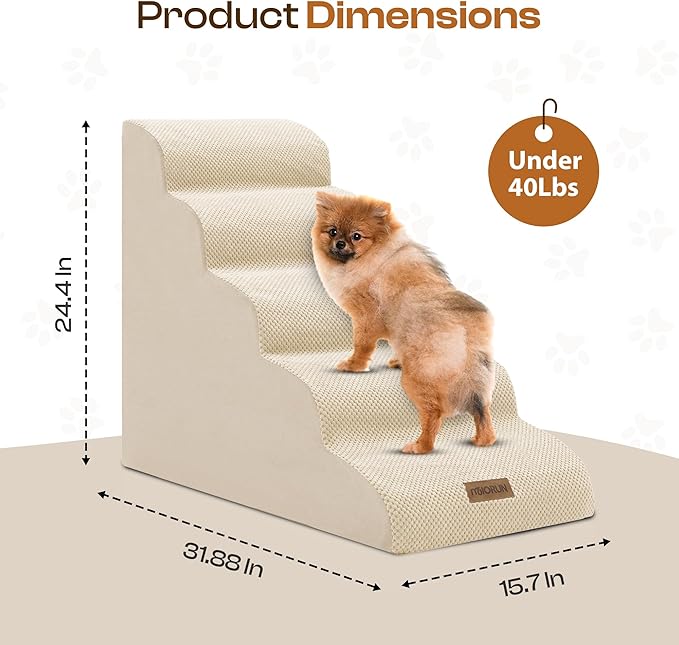 Dog Stairs for High Beds, Extra Tall 24.5" 5-Step Pet Steps for Medium & Small Dogs, Foam Ramp for Tall Couch & Bed, Washable Cover - Dog Steps for Bed-PawvioPets