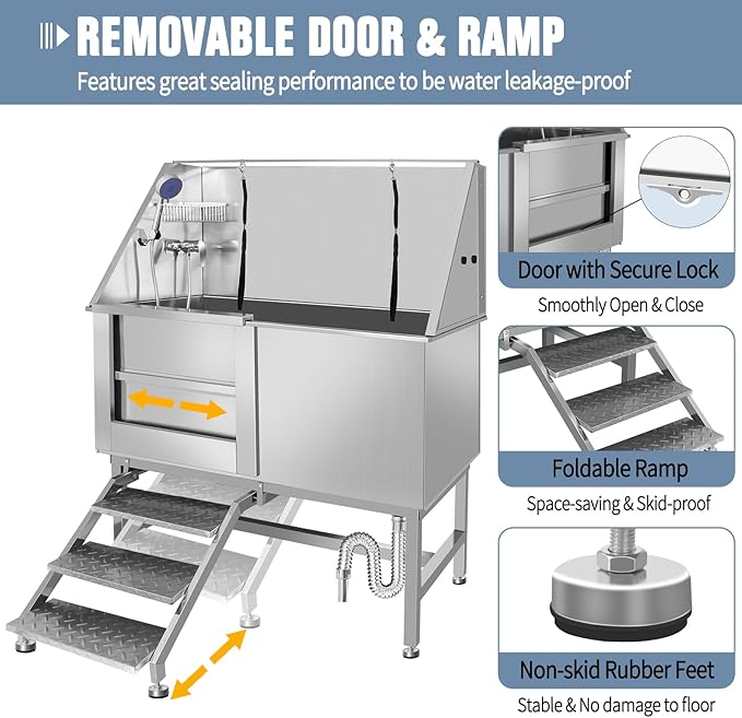 50" Pet Dog Bathing Station W/Stairs, Professional Stainless Steel Dog Grooming Tub W/Soap Box, Faucet,Rich Accessory, Dog Bathtub for Large,Medium,Small Pets, Washing Sink for Home (50" Left ramp)-PawvioPets