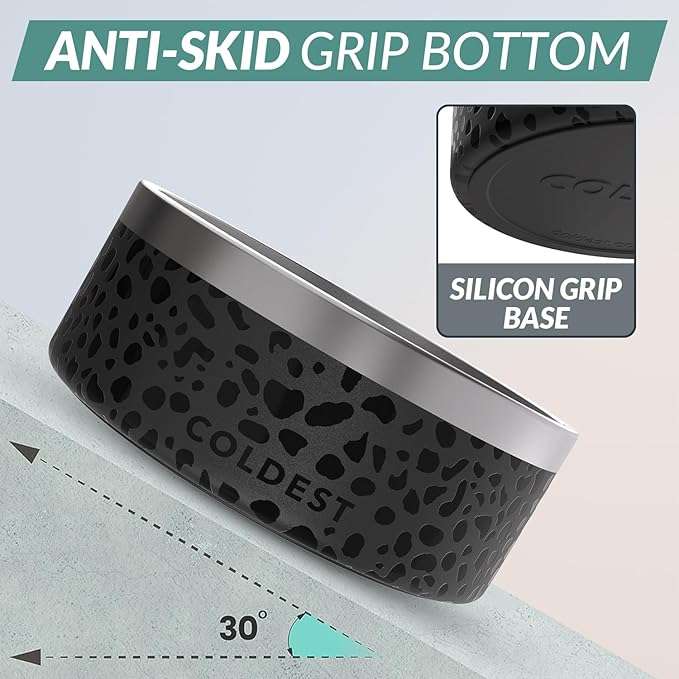 Coldest Dog Bowl - Anti Rust Metal, Non Slip, 3 Layers Insulated Stainless Steel Dog Bowls - Spill Proof & Heavy Duty - Water Bowl for Dogs, Cats & Pets, Dish Washer Safe (100 oz, Black Leopard)-PawvioPets