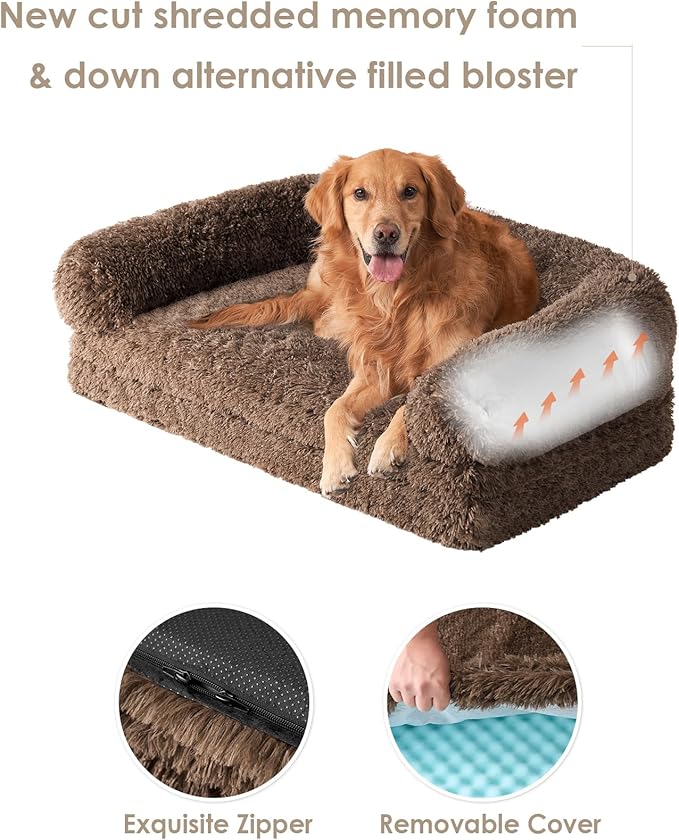 EHEYCIGA Foldable XXL Dog Bed, Faux Fur Fluffy Pet Couch Bed for Extra Large Dogs, Orthopedic Calming Memory Foam Big Pet Bed, Washable Soft Pet Sofa Bed with Non-Slip Bottom, Brown, 54"x38"x7.5"-PawvioPets