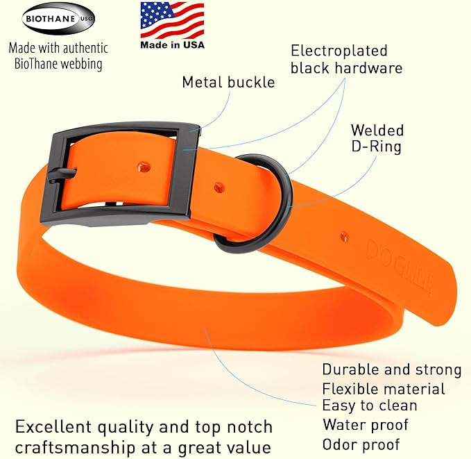 Dogline Biothane Waterproof Dog Collar Strong Coated Nylon Webbing with Black Hardware Odor- Proof for Easy Care Easy to Clean High Performance Fits Small Medium or Large Dogs, Hunter Orange-PawvioPets