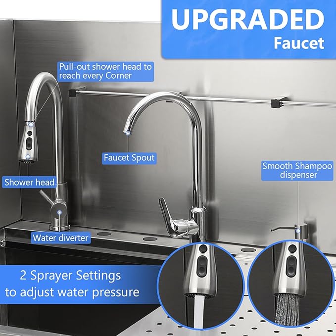 50" Dog Washing Station, Professional Stainless Steel Pet Dog Bathing Station with Ramp, Faucet, Storage Drawer, Floor Grate Dog Bathtub for Large, Medium, Small Pets (Right Ramp)-PawvioPets