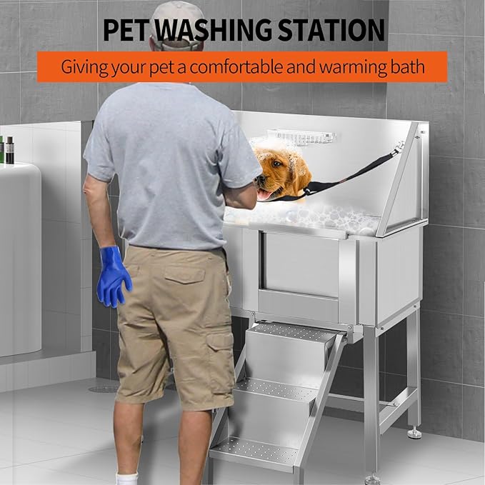 Dog Washing Station 38'' Stainless Steel Pet Grooming Tub for Large Dogs Over-Size Professional Dog Grooming Bathtub Station Wash Shower Sink Pet Grooming Bathtub Station,Right Door-PawvioPets