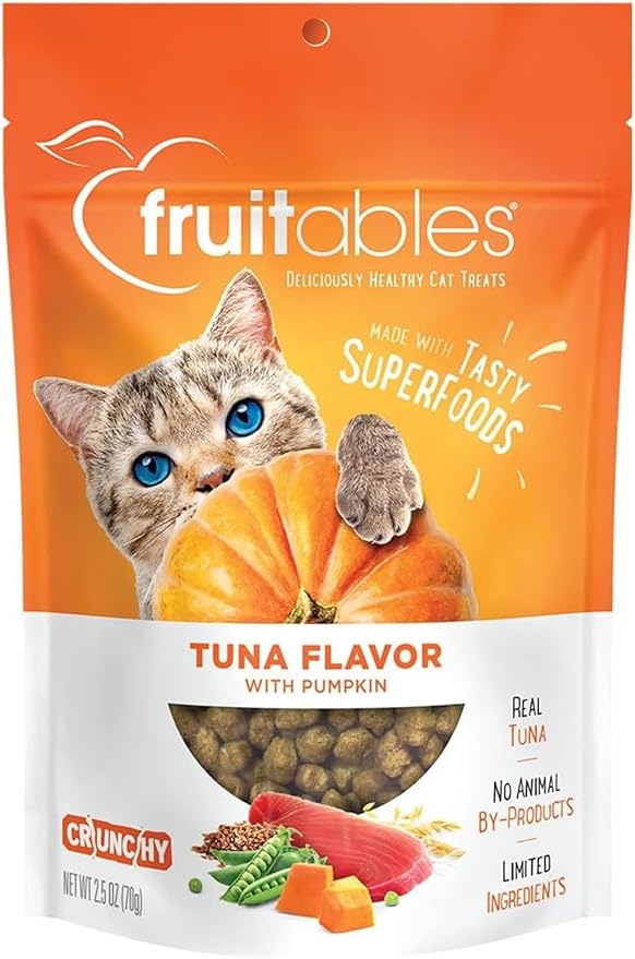 Fruitables Cat Treats, Healthy Treats For Cats, Low Calorie and Packed with Protein, Crunchy Biscuits, Free of Wheat, Corn and Soy, Made with Real Tuna and Pumpkin, 2.5oz-PawvioPets