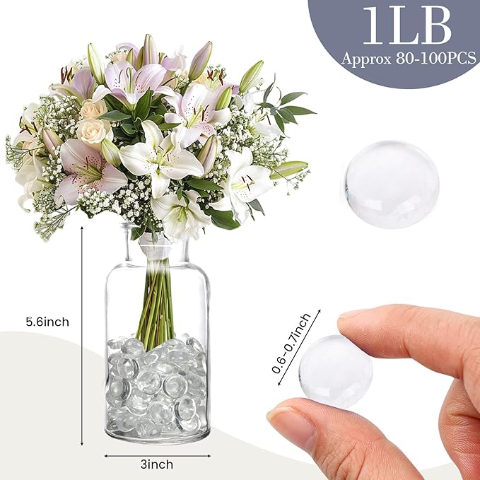 FUTUREPLUSX 1LB Clear Flat Glass Marbles, Vase Filler Glass Pebbles Floral Beads Table Aquarium Gravel Decoration DIY Craft-PawvioPets