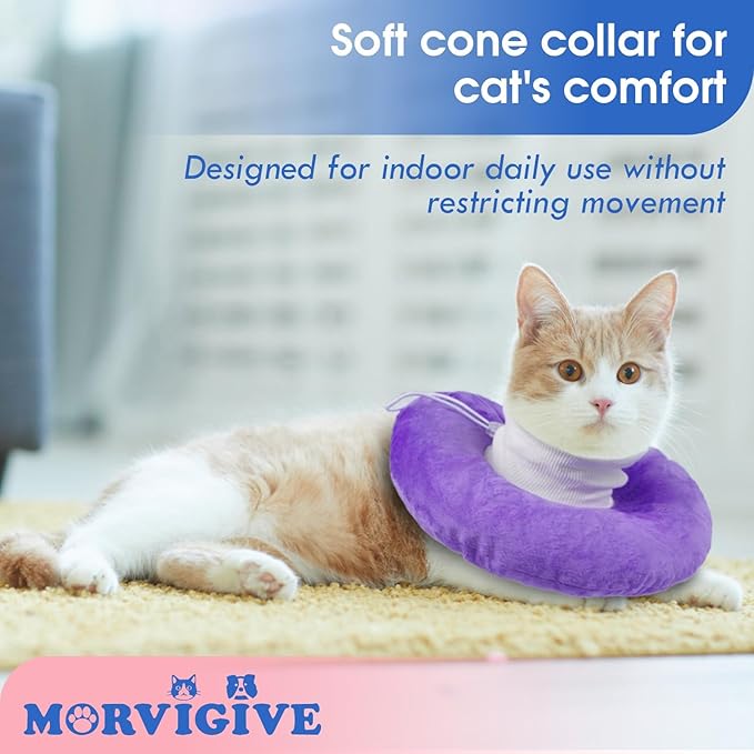 Adjustable Cat Neck Cone, Comfortable Elizabethan Recovery Collar After Surgery to Prevent Licking Wound, Ideal for Skin Disease, Deworming, Protective Pet Cone, Purple Medium-PawvioPets