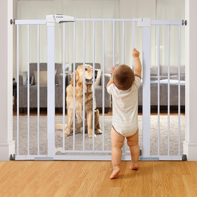 BABELIO 36" Tall Baby Gate, 29-48" Auto Close Pressure Mounted Dog Gate for Stairs, Doorways & Hallway, Protector Basics Easy Walk Thru Pet Gate, Metal Child Gate with 2*Y Spindle Rods, White-PawvioPets