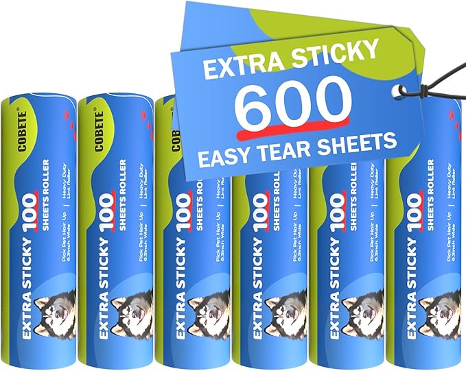 COBETE 6 Rollers Total 600 Sheets Extra Sticky Lint Roller Refills, for 6.3" Dog and Cat Lint Remover for Clothes, Couch, Furniture-PawvioPets