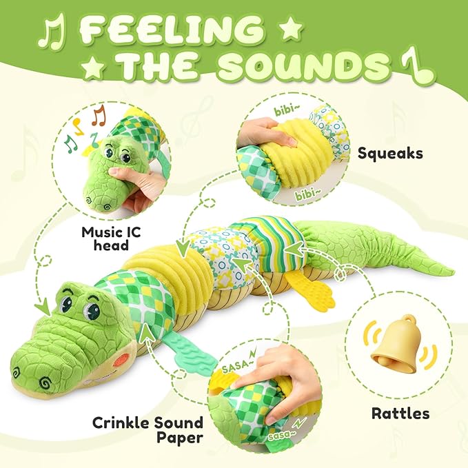 Baby Toys 0 to 12 Months, Musical Stuffed Animals Activity Soft Toy with Multi-Sensory Crinkle, Rattle and Textures, Infant Tummy Time Toys for Newborn Boys Girls, Crocodile, Green-PawvioPets