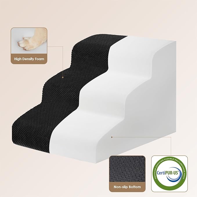 EHEYCIGA Curved Dog Stairs Ramp for Small Dogs 15.7" H, 3-Step Dog Steps for Couch Sofa and Chair, Pet Stairs for Cats, Non-Slip Balanced Pet Steps Indoor, Black-PawvioPets