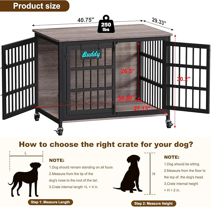 EasyCom 41"/33"/27" Dog Crate Furniture with Name Tag, Heavy Duty Dog Kennel Indoor for Medium Dogs, Double-Doors Sturdy Metal Dog Cage for Anxiety Dog, Decorate House as TV Stand, End Table-PawvioPets