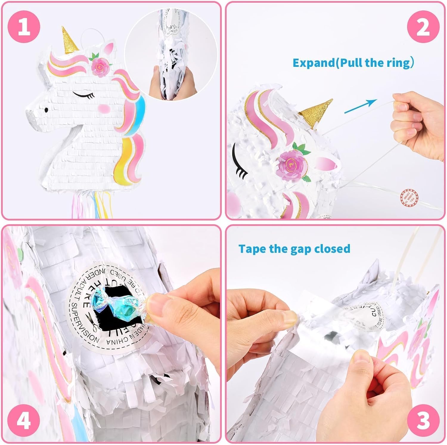 WERNNSAI Foldable Unicorn Piñata - Pull String Unicorn Birthday Party Supplies Extendable Unicorn with Blindfold Bat and Tassels Unicorn Birthday Party Decoration Games Folding Piñatas for Kids