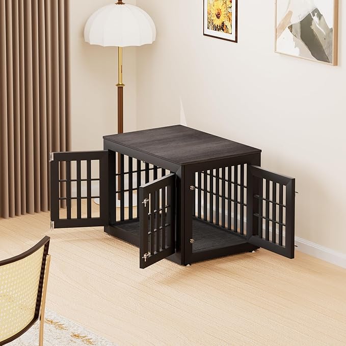38" Heavy Duty Dog Crate Furniture for Small,Medium and Large Dogs,Rustic Wooden Dog Cage Kennel Indoor Furniture with Waterproof Top,Decorative Pet House Side End Table (Black & Grey)-PawvioPets