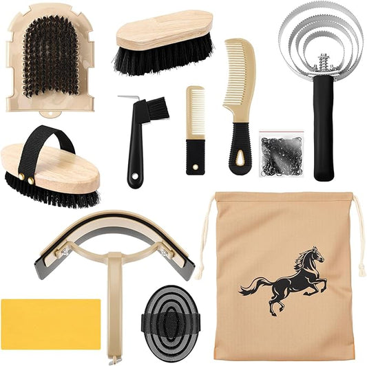 Abbylike 12 Pieces Horse Grooming Kit Racing Festival Tack Room Supplies Horse Brush Sets Equine Care Cleaning Kit Shedding Grooming Massaging Tools(Black)-PawvioPets