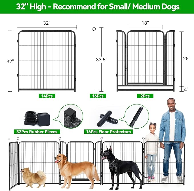 Dog Playpen Outdoor Extra Wide 16 Panels Heavy Duty Dog Fence 32" Height Anti-Rust with Doors Portable for RV Camping Yard, Total 42FT, 140 Sq.ft, Snowy Black-PawvioPets