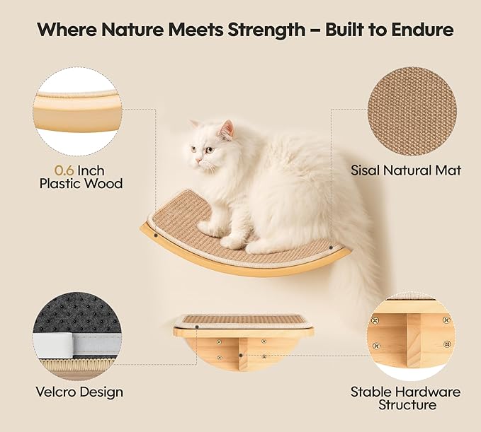 Curved Cat Wall Hammock with Scratchable Sisal Pad, Large Floating Cat Shelf for Wall, Wall Mounted Beige Bed for Playing, Climbing, and Sleeping-PawvioPets