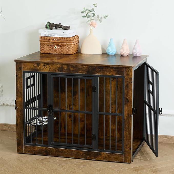 Gardner Pet Dog Crate Furniture for Medium Dogs, 32.7 Inch Dog Kennel Indoor, Wooden Dog Cage End Table with 2 Removable Bowls, Heavy Duty Dog Crate, Rustic Brown-PawvioPets