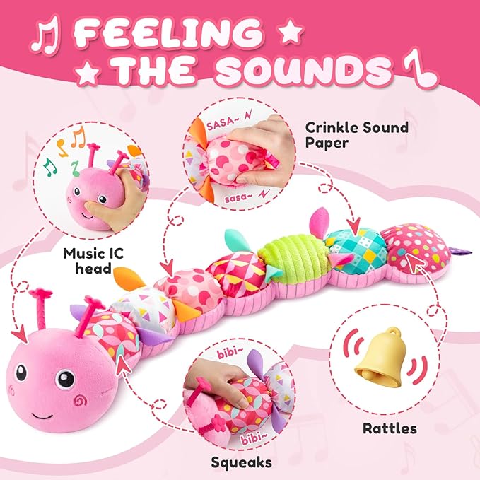 Baby Toys 0-6-12 Months,Infant Musical Stuffed Animals Activity Toys with Muti-Sensory Crinkle,Rattles,Baby Girl Toys Gifts for Newborn Tummy Time,Caterpillar,Pink-PawvioPets