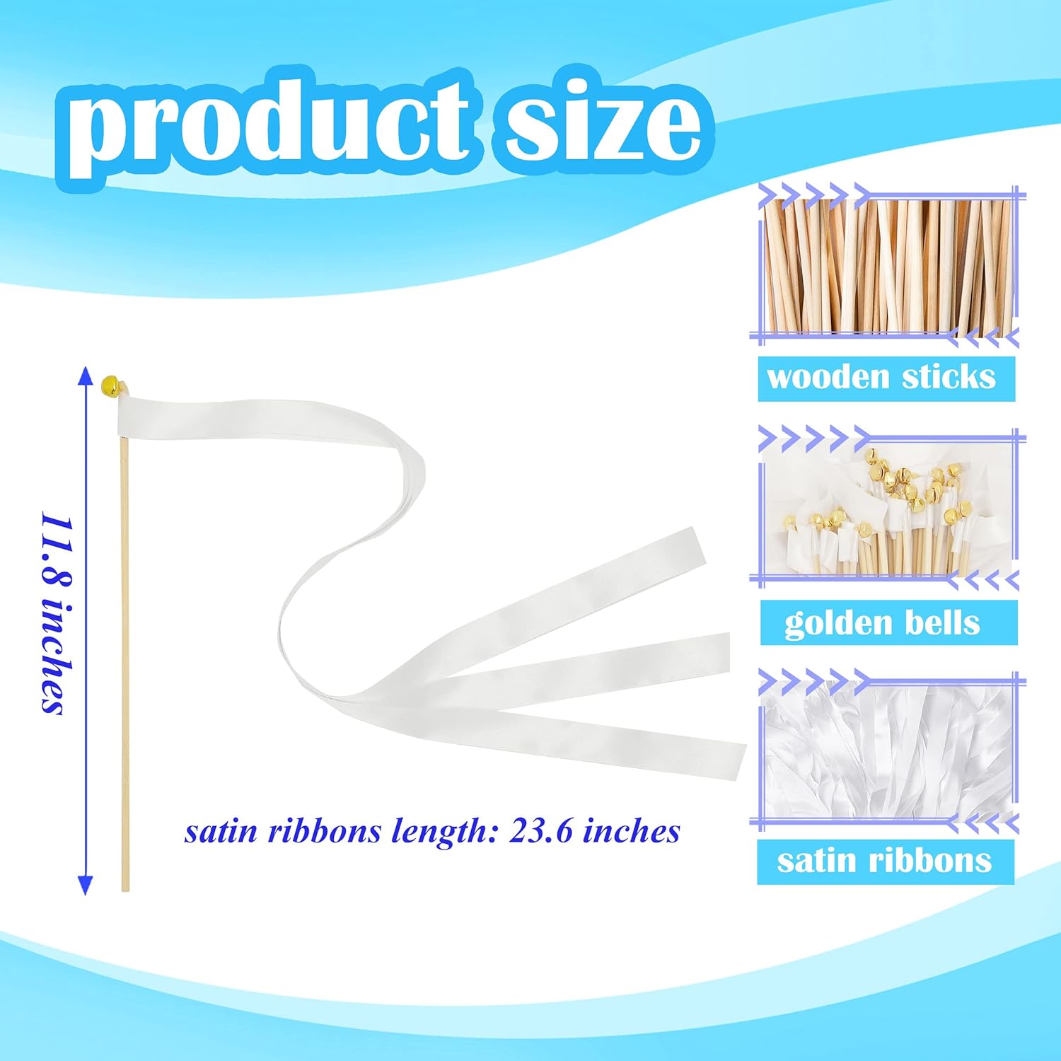 60 Pieces Wedding Colorful Ribbon with Bells, Party Ribbons Streamers Sticks Magic Wish Fairy Wand for Wedding Party Holiday Activities Favors (White-100)