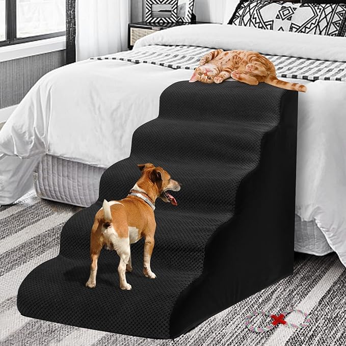 Dog Stairs&Steps for High Beds Up to 28'', 5-Step Dog Ramp for Small Medium Dogs with Washable Cover, Pet Steps for Cats to Get on Couch and Sofa, Durable Foam Ladders, 24.4" Tall, Black-PawvioPets