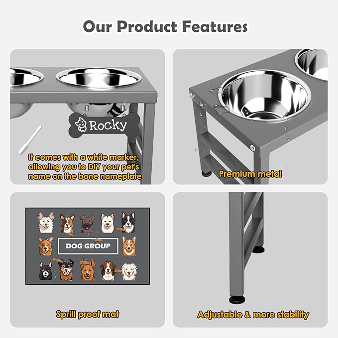 Elevated Dog Bowls, 10" Tall Height, Raised Bowl Stand with 2 Stainless Steel Food Feeder Bowls (58oz) and Spill-Proof Mat for Medium Large and Small Breeds, Grey-PawvioPets