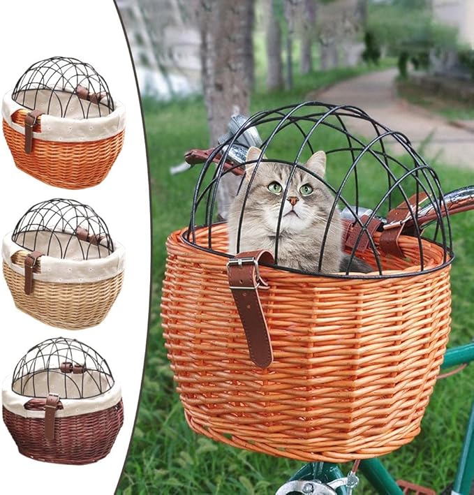 Bike Pet Basket, Wicker Bike Basket for Small Dogs Cats Pet Carrier Front Basket with Wire Mesh Cover and Lid, Wicker Basket for Dogs and Cats, Rattan Storage Basket, 11.81 * 9.84 inch (B)-PawvioPets