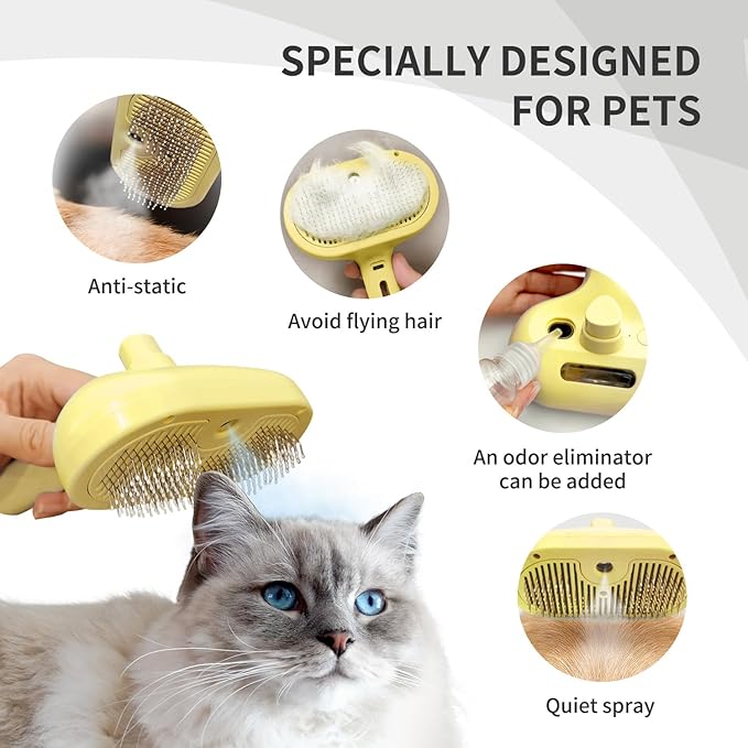 3 In 1 Steamy Brush with Release Button and Tank, Anti-Static Pet Brush for Long and Short Hair Pets to Remove Tangles and Loose Fur (Yellow)-PawvioPets