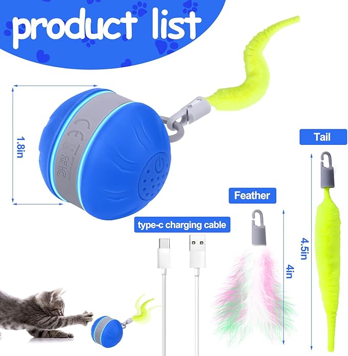 AIERSA Interactive Cat Toys for Indoor Adult Cats, Automatic Self-Play Cat Ball Toy for Kitten to Keep Them Busy, Electric Moving Chase Toy (Blue)-PawvioPets