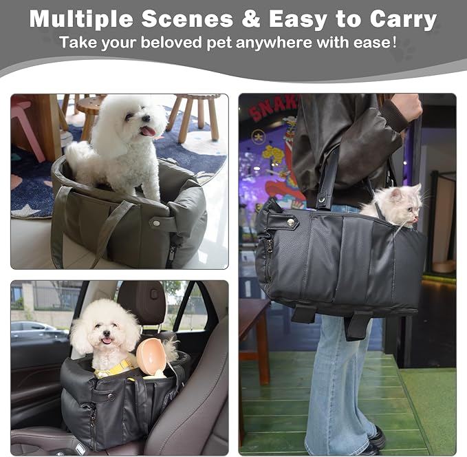 2 and 1 Center Console Dog Car Seat & Carrier for Small Dogs, Large Leather Dog Car Bed with Storage Pocket, Waterproof PVC Leather Seat Travel Bed for Front & Back Seat, Clip-On Safety Leash-PawvioPets