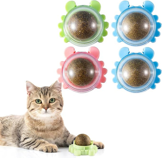 4 Pack Catnip Balls Roller Wall Ball for Cats Spinning Catnip Station Licking Balls Organic Cat nip Chew Ball for Teeth Cleaning & Play-PawvioPets