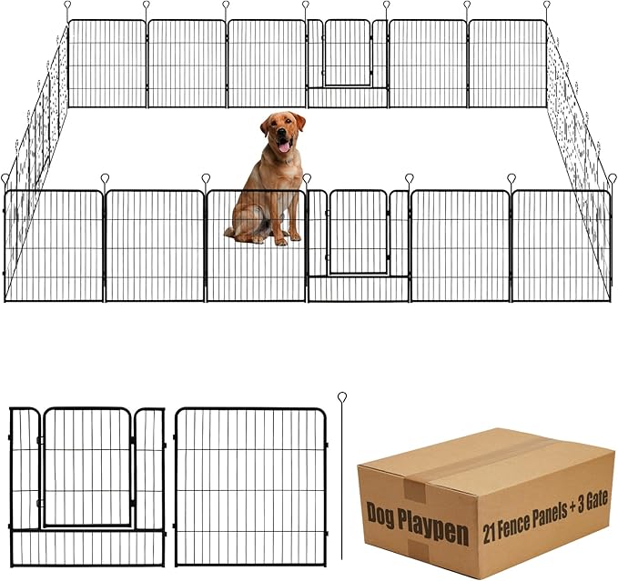 Dog Playpen,24 32 40 48 in(H) Pet Fence Outdoor for Rv Camping,Garden Fence Medium Animal Barrie for Yard,11Ft(L)-56Ft(L) Black Metal Temporary Fencing-PawvioPets
