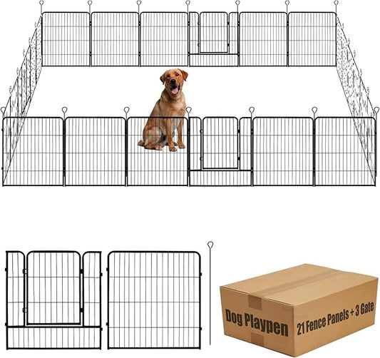 Dog Playpen,24 32 40 48 in(H) Pet Fence Outdoor for Rv Camping,Garden Fence Medium Animal Barrie for Yard,11Ft(L)-56Ft(L) Black Metal Temporary Fencing-PawvioPets