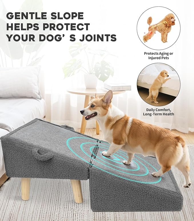Dog Stairs for Small Dogs and Cats – 2-in-1 Dog Ramp for Bed and Couch, 16.5'' Foldable Wooden Pet Steps, Sturdy Multi-Use Split Ottoman Design, Dark Grey-PawvioPets