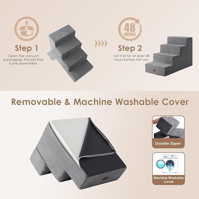 EHEYCIGA Dog Stairs for Bed 20" H, 4-Step Extra Wide Dog Steps for High Bed, Pet Steps for Small Dogs and Cats, Non-Slip Balanced Pet Ramp Indoor, Grey-PawvioPets